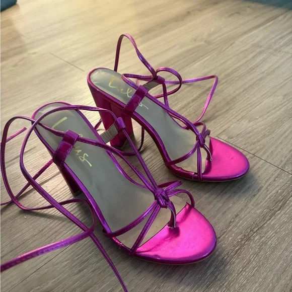 Lulus Hot Pink Metallic Lace Up Heels - Picture 3 of 6